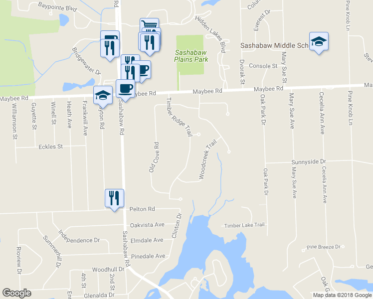 map of restaurants, bars, coffee shops, grocery stores, and more near 5199 Timber Ridge Trail in Clarkston