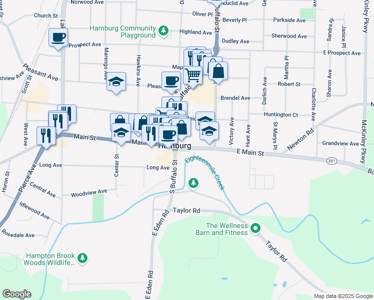 map of restaurants, bars, coffee shops, grocery stores, and more near 1-85 New York 391 in Hamburg