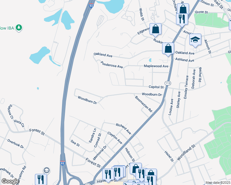 map of restaurants, bars, coffee shops, grocery stores, and more near 67 Woodburn Drive in Methuen