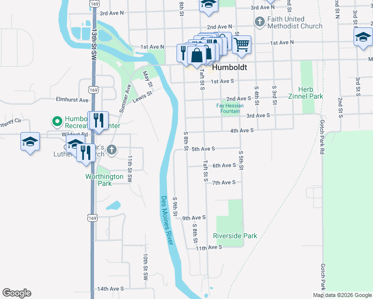map of restaurants, bars, coffee shops, grocery stores, and more near 801 5th Avenue South in Humboldt