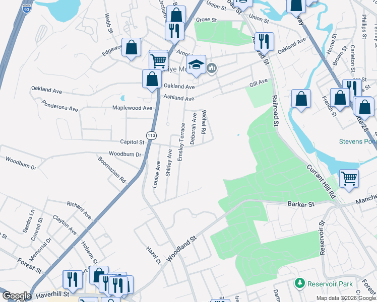 map of restaurants, bars, coffee shops, grocery stores, and more near 27 East Capitol Street in Methuen