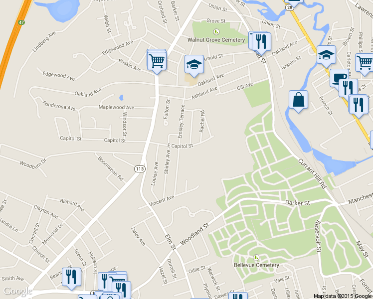 map of restaurants, bars, coffee shops, grocery stores, and more near 27 East Capitol Street in Methuen