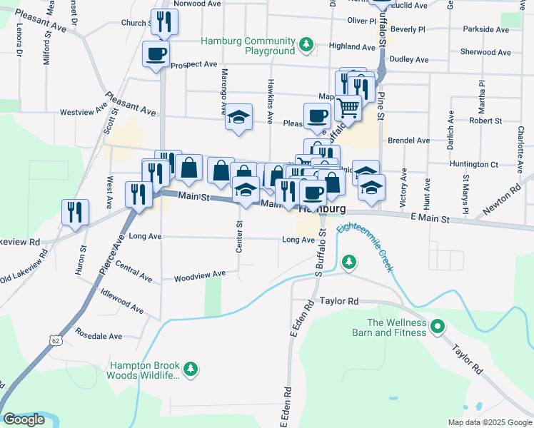 map of restaurants, bars, coffee shops, grocery stores, and more near 86 Main Street in Hamburg