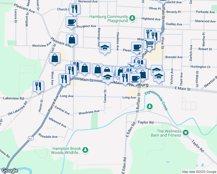 map of restaurants, bars, coffee shops, grocery stores, and more near 116 Main St in Hamburg