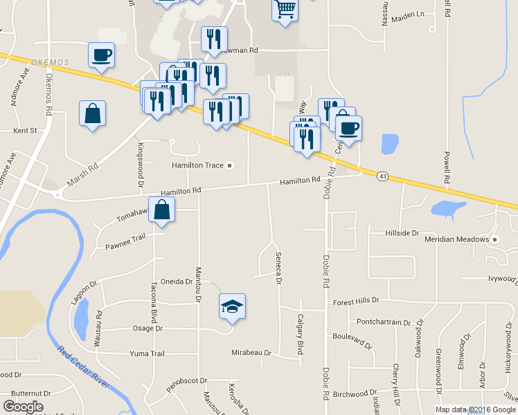 map of restaurants, bars, coffee shops, grocery stores, and more near 4635 Seneca Drive in Meridian charter Township