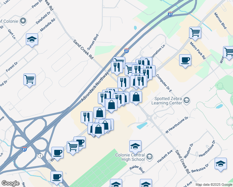 map of restaurants, bars, coffee shops, grocery stores, and more near 80 Wolf Road in Albany