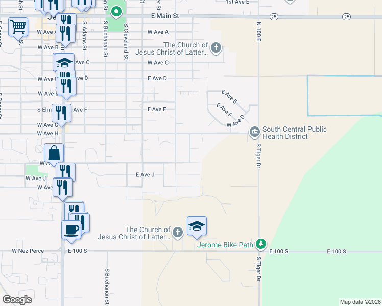 map of restaurants, bars, coffee shops, grocery stores, and more near 936 South Fillmore Street in Jerome