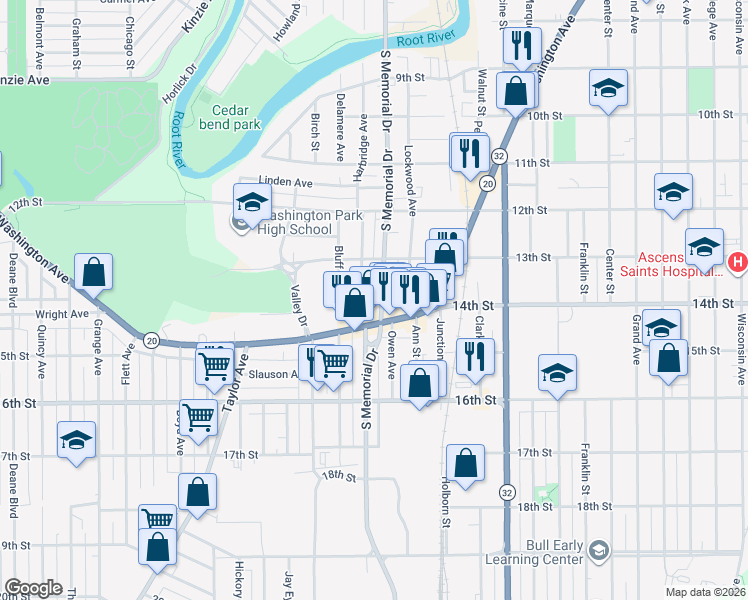 map of restaurants, bars, coffee shops, grocery stores, and more near 1344 South Memorial Drive in Racine