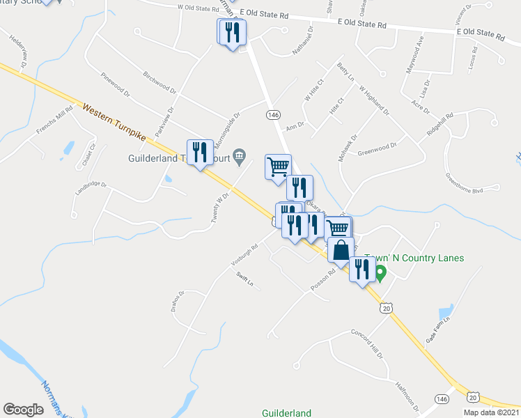 map of restaurants, bars, coffee shops, grocery stores, and more near 6861 Western Turnpike in Albany