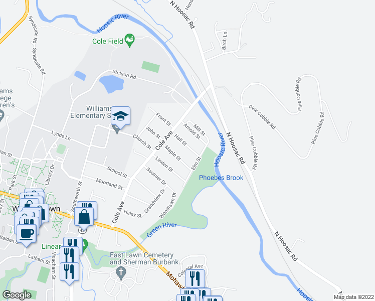 map of restaurants, bars, coffee shops, grocery stores, and more near 55 Hall Street in Williamstown