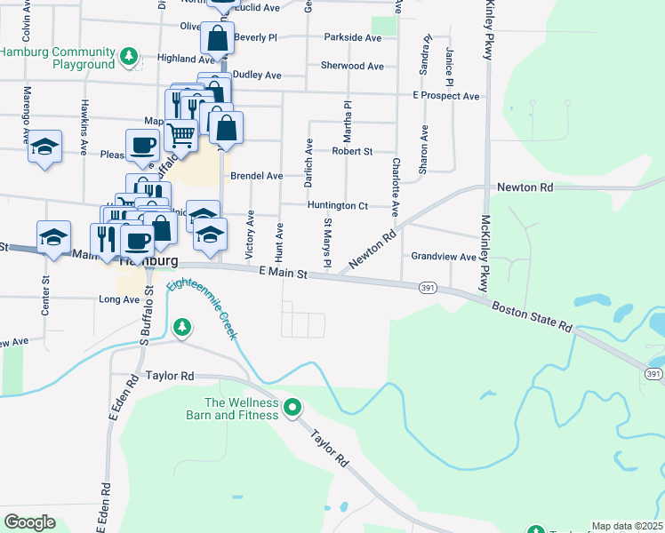 map of restaurants, bars, coffee shops, grocery stores, and more near 242 East Main Street in Hamburg