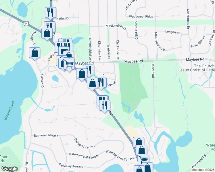 map of restaurants, bars, coffee shops, grocery stores, and more near 5368 Forest Ridge Drive in Clarkston
