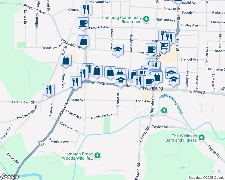 map of restaurants, bars, coffee shops, grocery stores, and more near 154 Main Street in Hamburg