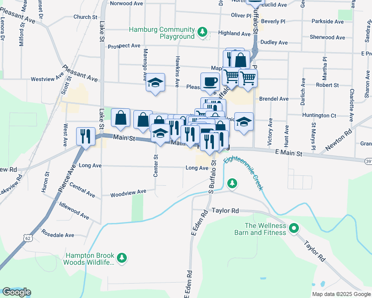 map of restaurants, bars, coffee shops, grocery stores, and more near 86 Main Street in Hamburg