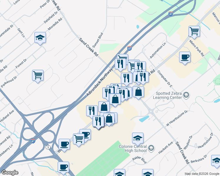 map of restaurants, bars, coffee shops, grocery stores, and more near 1 Park Place in Albany