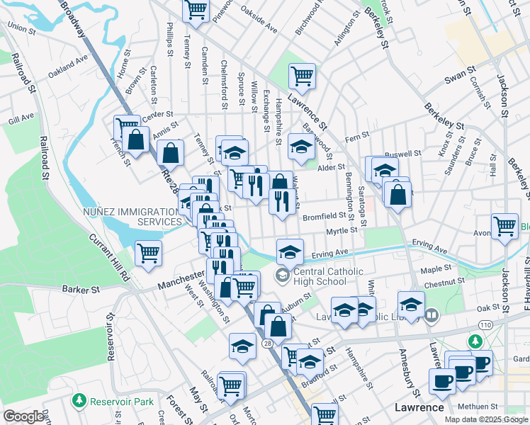 map of restaurants, bars, coffee shops, grocery stores, and more near 41 Exchange Street in Lawrence