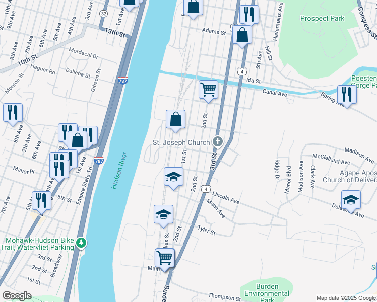 map of restaurants, bars, coffee shops, grocery stores, and more near 391 1st Street in Troy