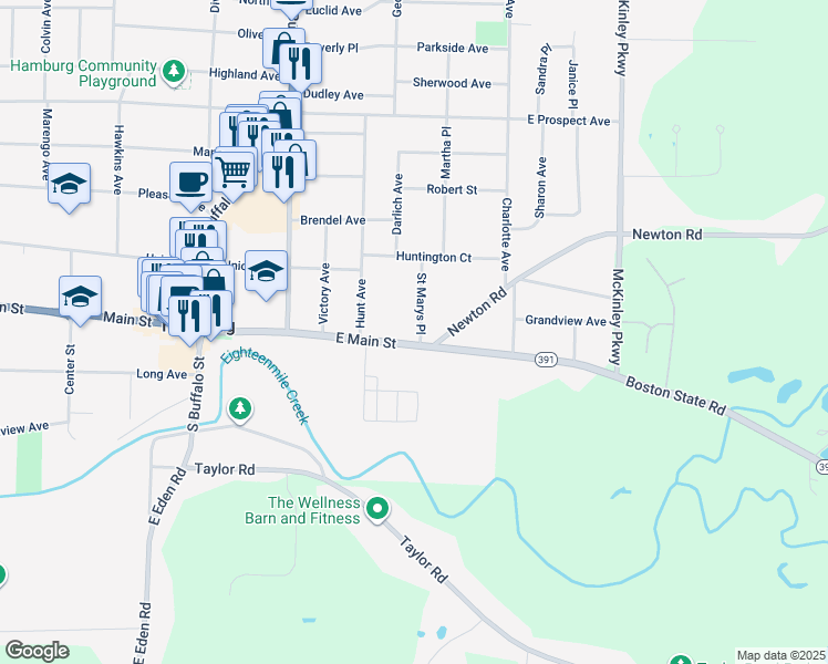 map of restaurants, bars, coffee shops, grocery stores, and more near 242 East Main Street in Hamburg