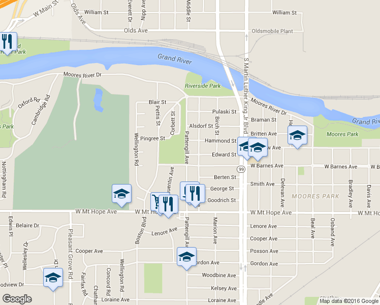 map of restaurants, bars, coffee shops, grocery stores, and more near 1630 Park Avenue in Lansing