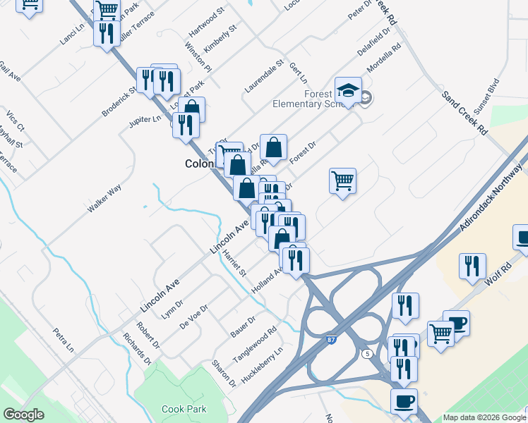 map of restaurants, bars, coffee shops, grocery stores, and more near 1569 Central Avenue in Colonie