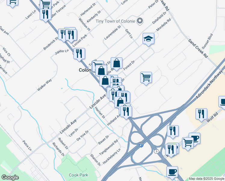 map of restaurants, bars, coffee shops, grocery stores, and more near 1569 Central Avenue in Colonie