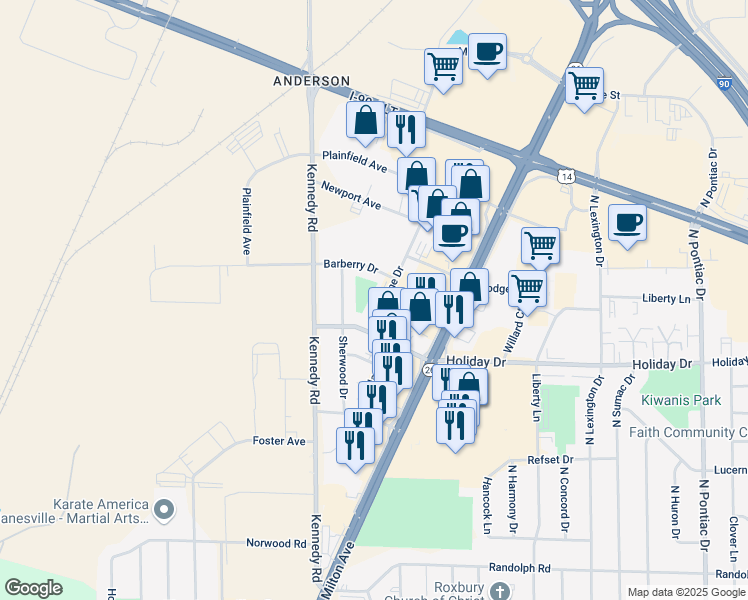 map of restaurants, bars, coffee shops, grocery stores, and more near 2803 Woodlane Drive in Janesville