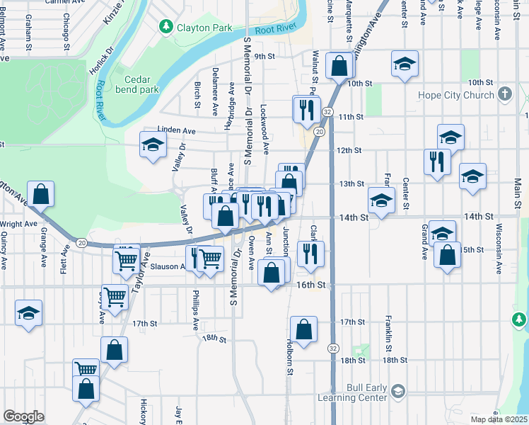 map of restaurants, bars, coffee shops, grocery stores, and more near 1426 Washington Avenue in Racine