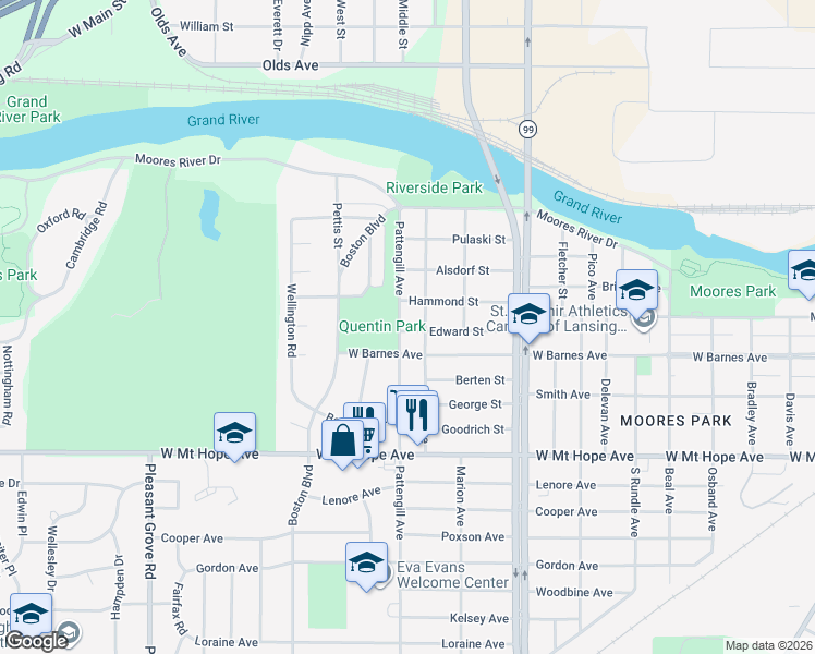 map of restaurants, bars, coffee shops, grocery stores, and more near 1414 Edward Street in Lansing