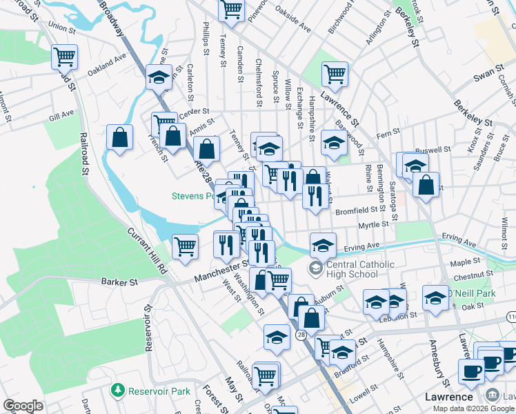 map of restaurants, bars, coffee shops, grocery stores, and more near 354 Park Street in Lawrence