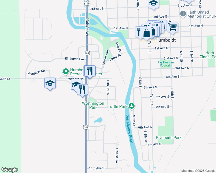 map of restaurants, bars, coffee shops, grocery stores, and more near 500 11th Street Southwest in Humboldt