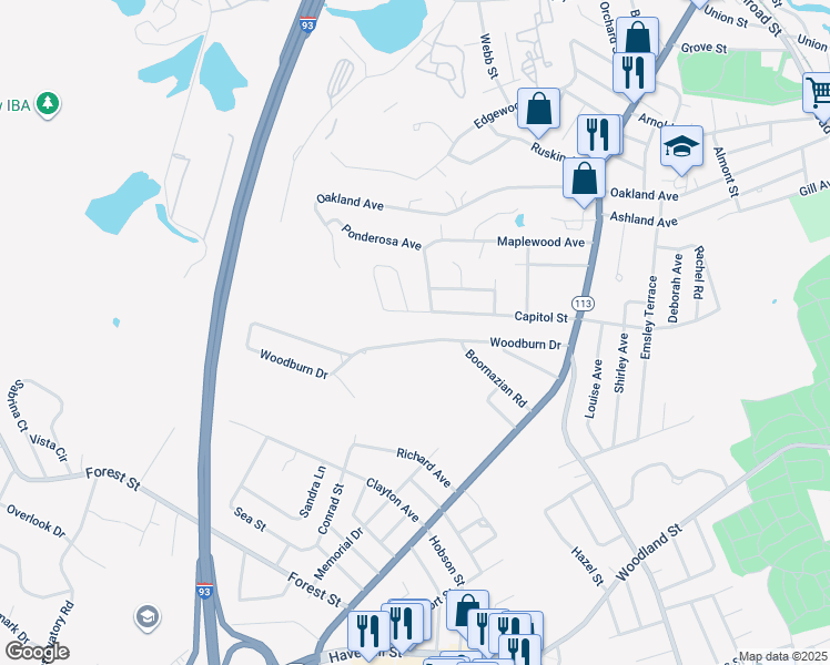 map of restaurants, bars, coffee shops, grocery stores, and more near 67 Woodburn Drive in Methuen