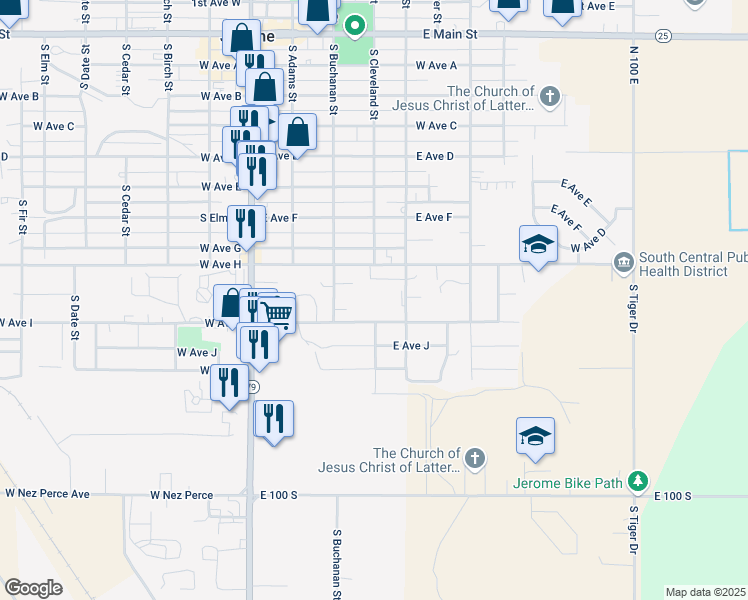 map of restaurants, bars, coffee shops, grocery stores, and more near 921 South Davis Street in Jerome