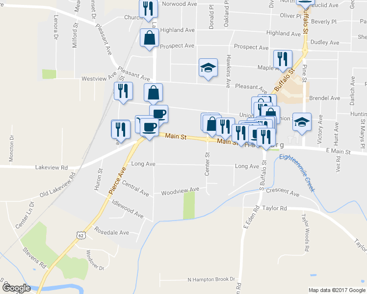 map of restaurants, bars, coffee shops, grocery stores, and more near 196 Main Street in Hamburg