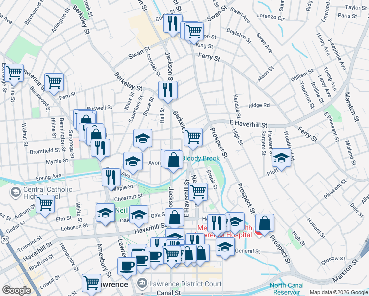 map of restaurants, bars, coffee shops, grocery stores, and more near 42 Albion Street in Lawrence