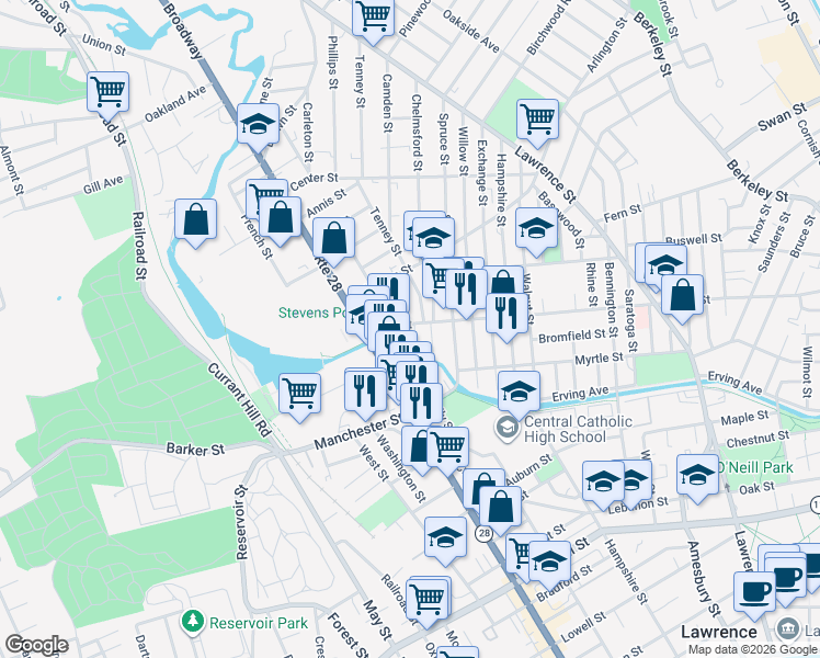 map of restaurants, bars, coffee shops, grocery stores, and more near 354 Park Street in Lawrence