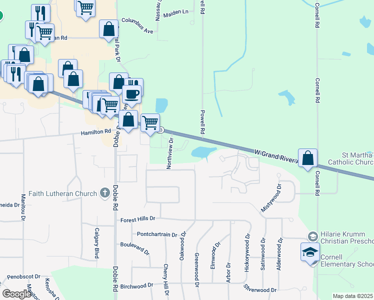 map of restaurants, bars, coffee shops, grocery stores, and more near 1555 West Pond Drive in Meridian charter Township