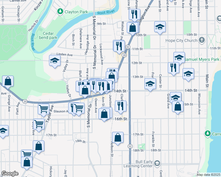map of restaurants, bars, coffee shops, grocery stores, and more near 1353 Washington Avenue in Racine