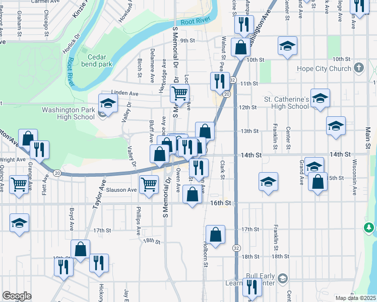 map of restaurants, bars, coffee shops, grocery stores, and more near 1426 Washington Avenue in Racine