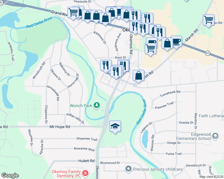 map of restaurants, bars, coffee shops, grocery stores, and more near 4619 Okemos Road in Meridian charter Township