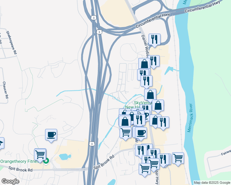 map of restaurants, bars, coffee shops, grocery stores, and more near 44 Royal Crest Drive in Nashua