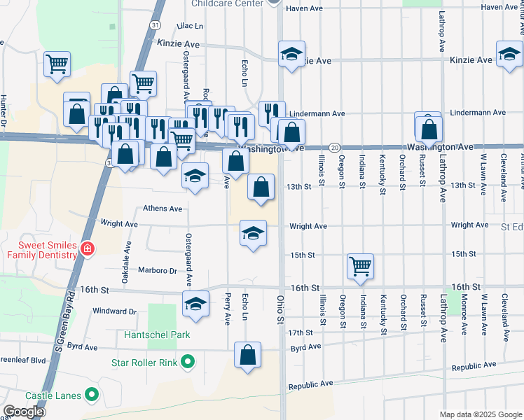 map of restaurants, bars, coffee shops, grocery stores, and more near 4801 Washington Avenue in Racine
