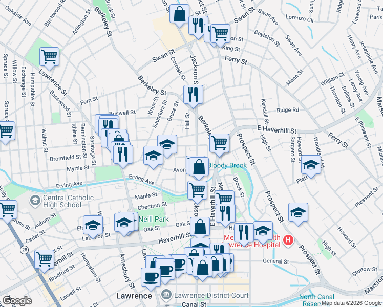 map of restaurants, bars, coffee shops, grocery stores, and more near 53 Belmont Street in Lawrence