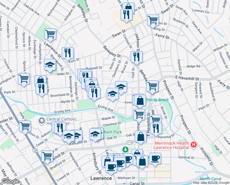 map of restaurants, bars, coffee shops, grocery stores, and more near 67 Avon Street in Lawrence