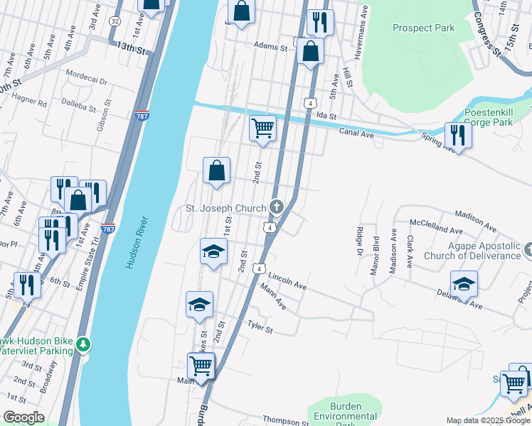 map of restaurants, bars, coffee shops, grocery stores, and more near 428 3rd Street in Troy