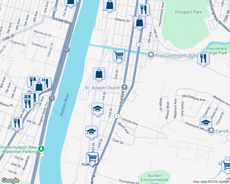 map of restaurants, bars, coffee shops, grocery stores, and more near 412 2nd Street in Troy