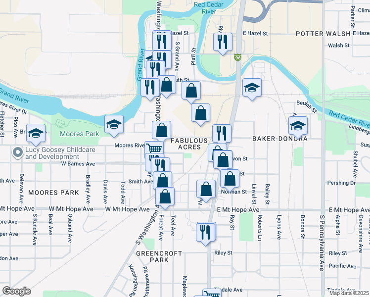 map of restaurants, bars, coffee shops, grocery stores, and more near 144 Garden Street in Lansing