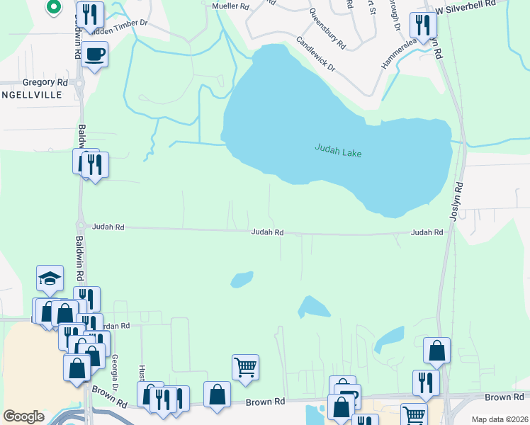 map of restaurants, bars, coffee shops, grocery stores, and more near 2760 Judah Road in Oakland County