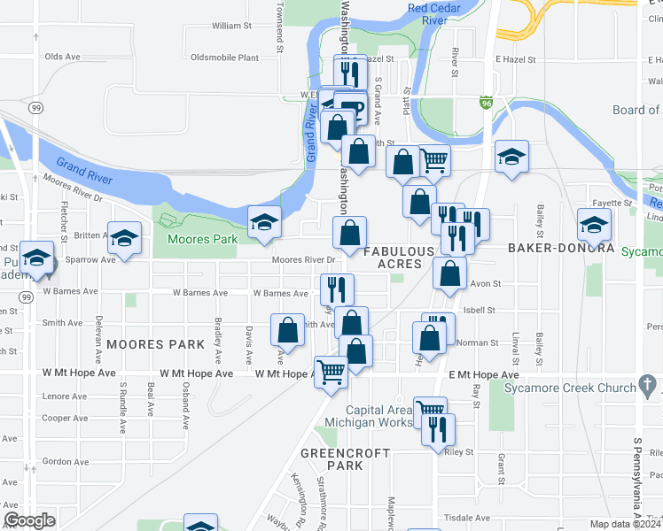 map of restaurants, bars, coffee shops, grocery stores, and more near 111 Moores River Drive in Lansing