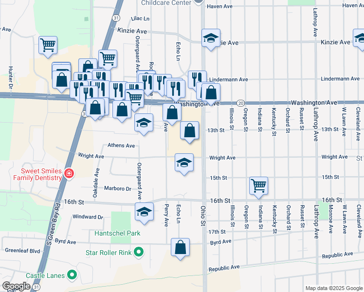 map of restaurants, bars, coffee shops, grocery stores, and more near 4915 Washington Avenue in Racine