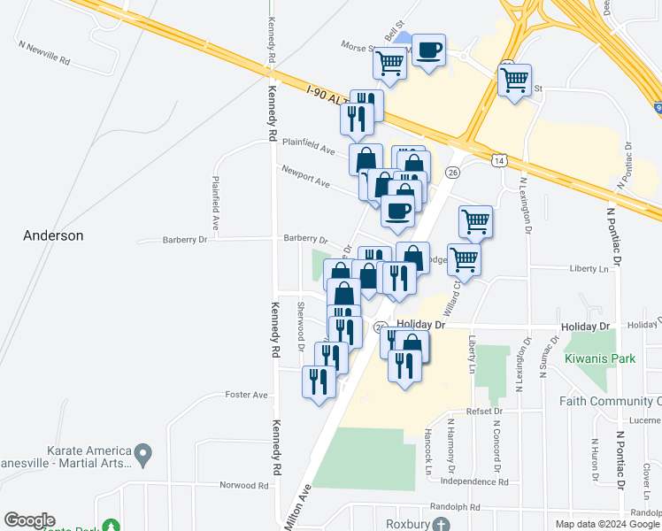 map of restaurants, bars, coffee shops, grocery stores, and more near 2805 Woodlane Drive in Janesville